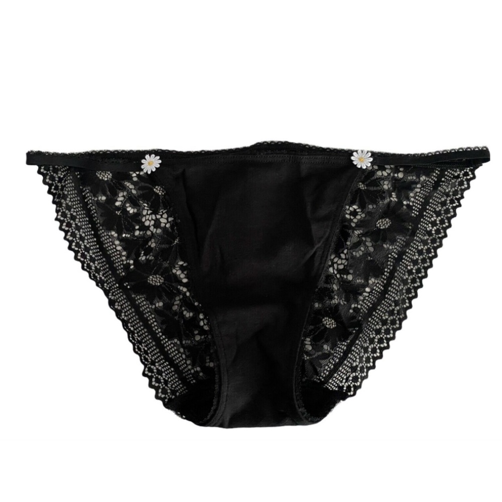 Victorias Secret Nwt Black Cotton Lace Daisy String Bikini Panty